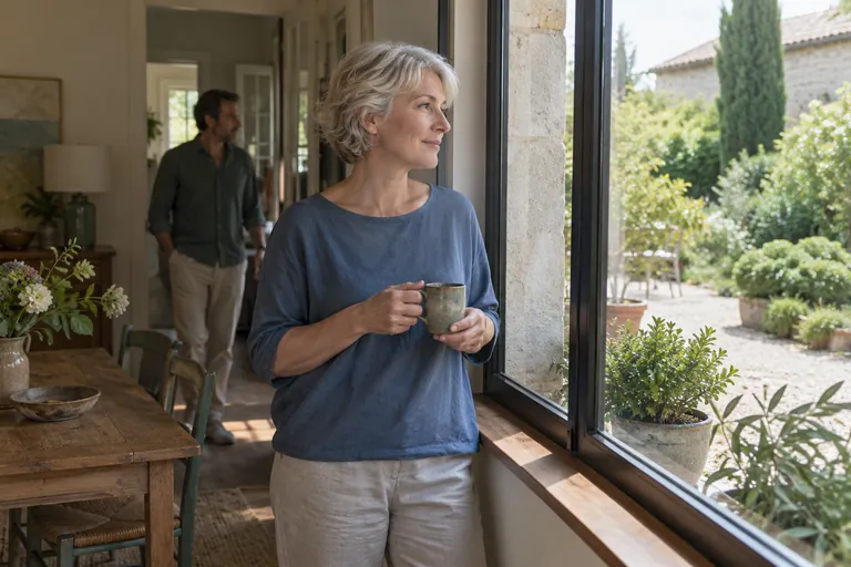 Une femme aux cheveux gris tient une tasse près d’une fenêtre