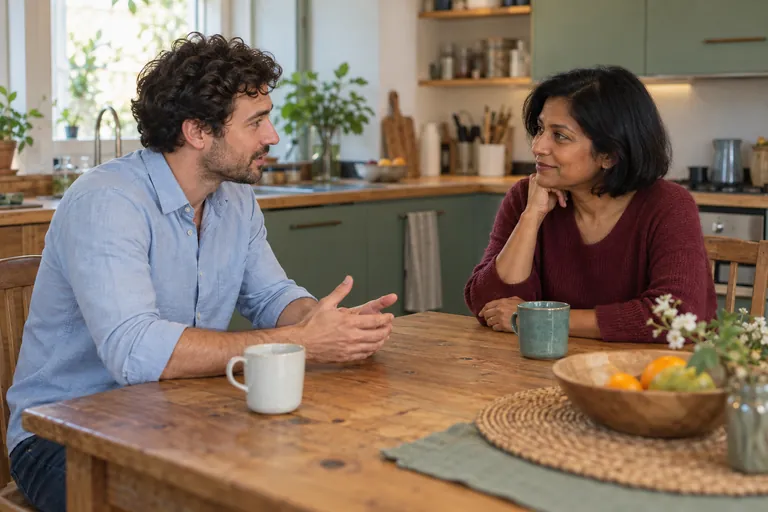Deux adultes échangent autour d’une table de cuisine