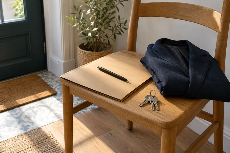 Une pochette fermée, un stylo et une veste sont prêts près de l’entrée