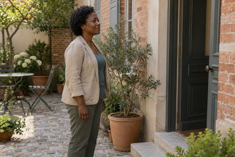Une femme fait une pause dans une cour avant d’entrer