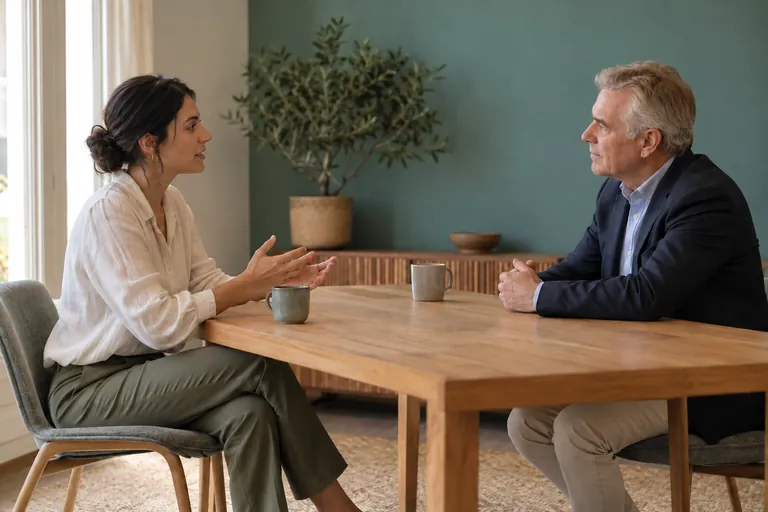 Deux adultes échangent autour d’une table lors d’un entretien