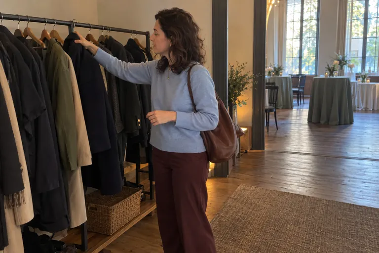 Une femme prend un manteau sur un portant près d’une salle de réception.