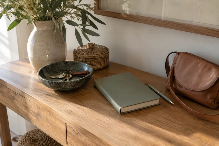 Un carnet fermé, un sac et une coupelle de clés sont posés sur une console.