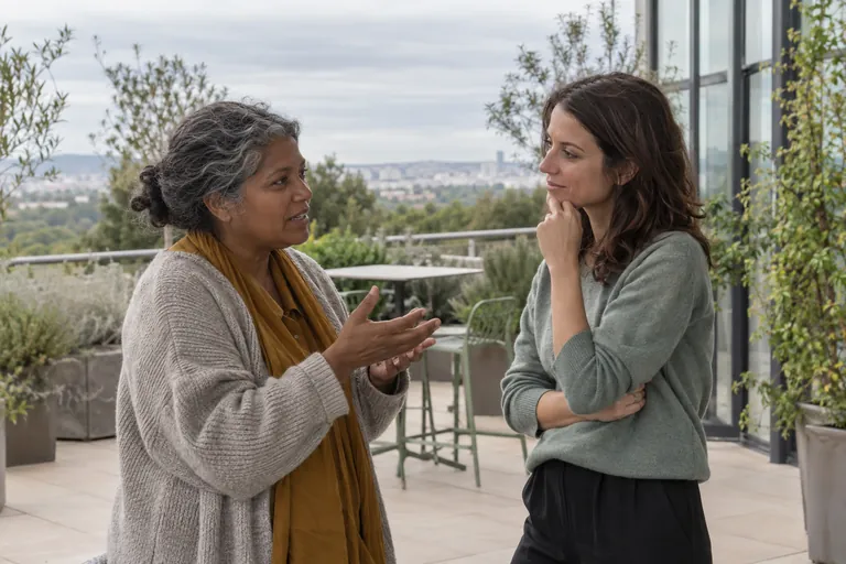 Deux femmes discutent debout sur une terrasse.