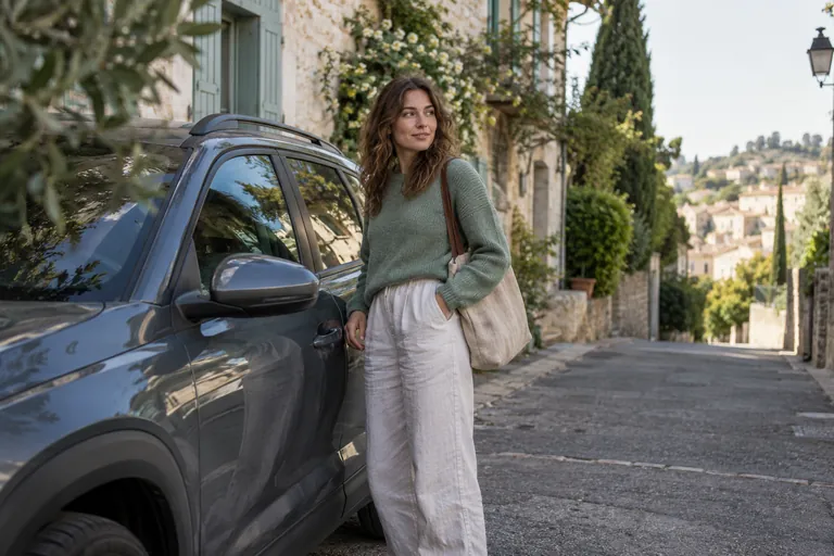 Une femme portant un sac se tient à côté d’une voiture stationnée