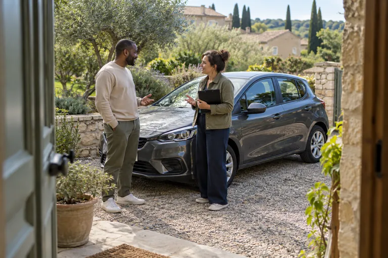 Un homme échange avec une femme tenant un dossier près d’une voiture
