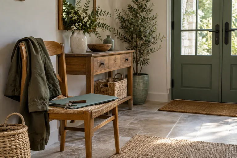 Une veste, un dossier et des clés sont posés sur une chaise dans une entrée