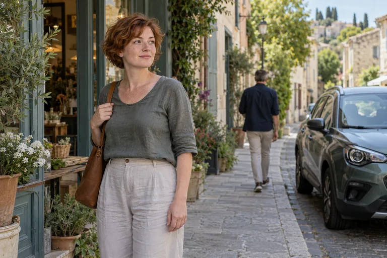 Une femme rousse se tient sur un trottoir près d’une voiture stationnée