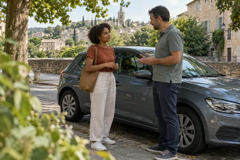 Une femme discute avec un homme à côté d’une voiture