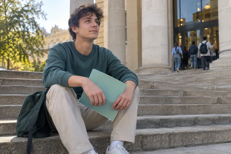 Un jeune homme assis sur les marches d’un bâtiment universitaire tient un dossier et respire calmement avant d’entrer