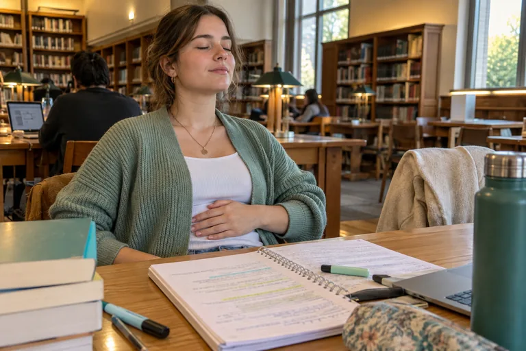 Une étudiante à une table de bibliothèque, une main sur le ventre, respire lentement les yeux fermés