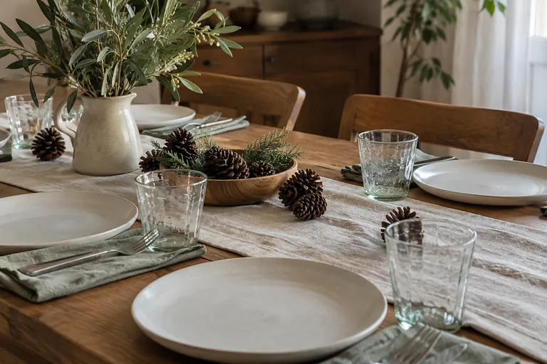 Une table dressée est décorée de pommes de pin et de feuillage.