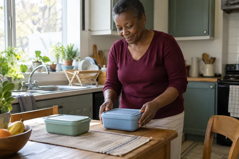 Une femme pose une boîte repas fermée à côté d’une autre sur la table.