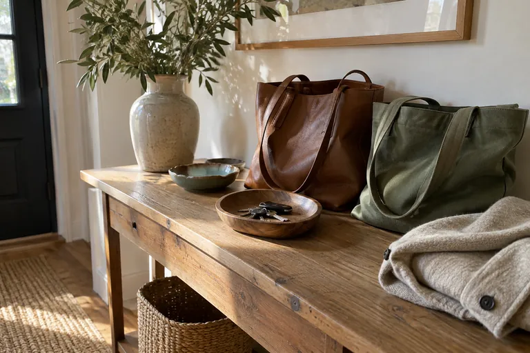 Deux sacs, une veste pliée et une coupelle de clés sont disposés sur une console.