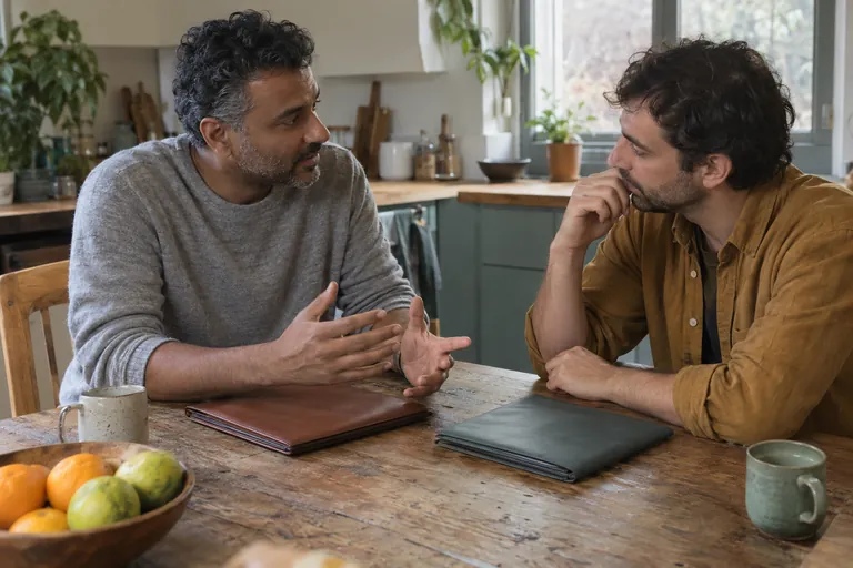 Deux hommes discutent à table devant des pochettes fermées.