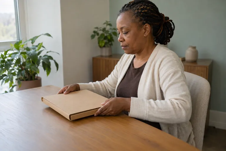Une femme tient un dossier cartonné fermé sur une table.