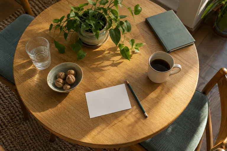 Une feuille vierge, un crayon et un carnet sont disposés sur une table ronde.