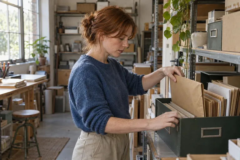 Une femme range un dossier dans une boîte d’archives.