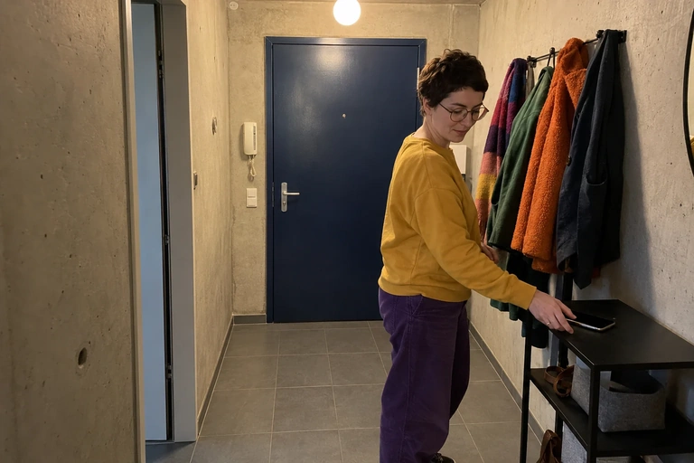 Une femme pose son téléphone sur une étagère dans une entrée