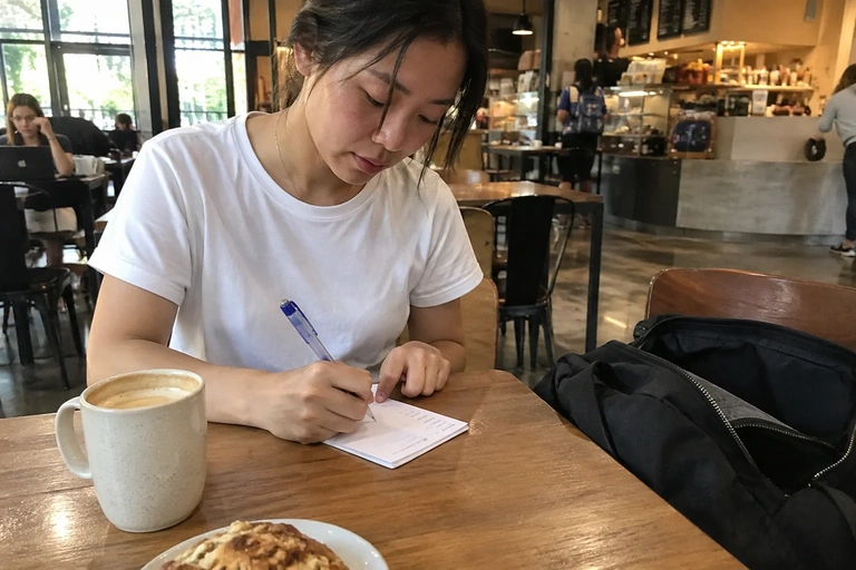 Une personne écrit une courte liste sur papier, le téléphone rangé dans son sac