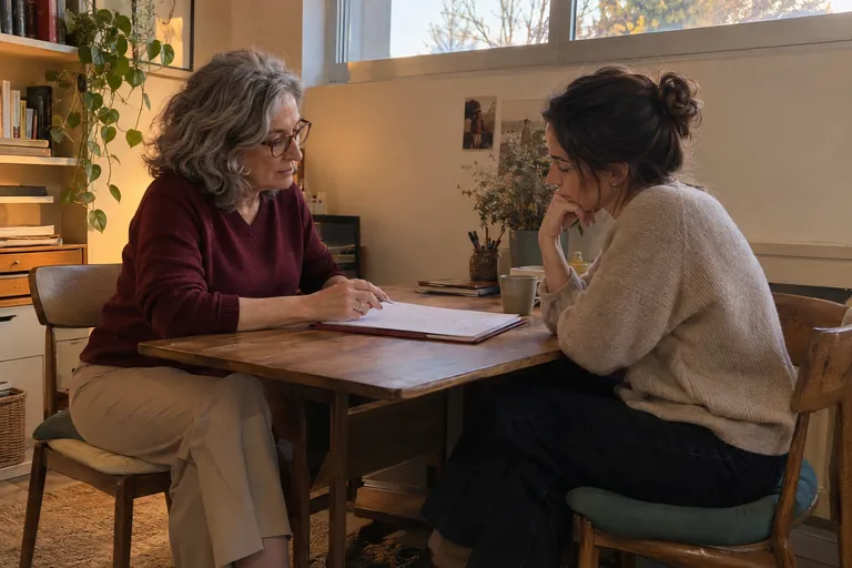 Deux femmes discutent d’un document ouvert sur une table.