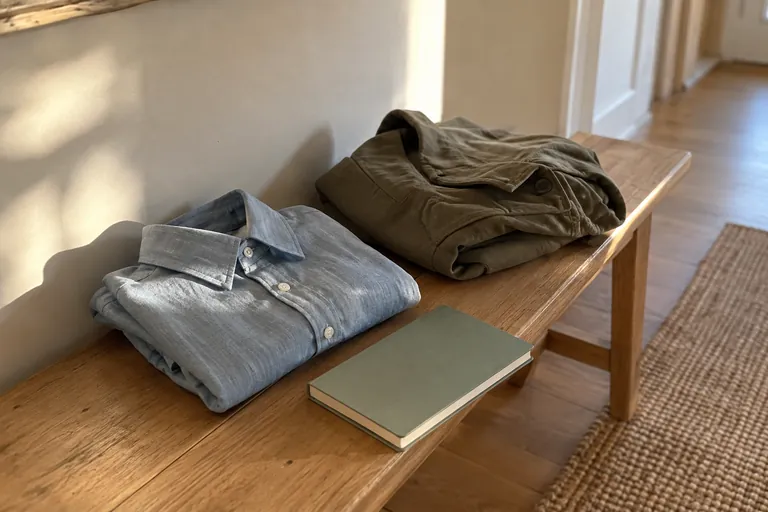 Des vêtements pliés et un carnet fermé reposent sur un banc.