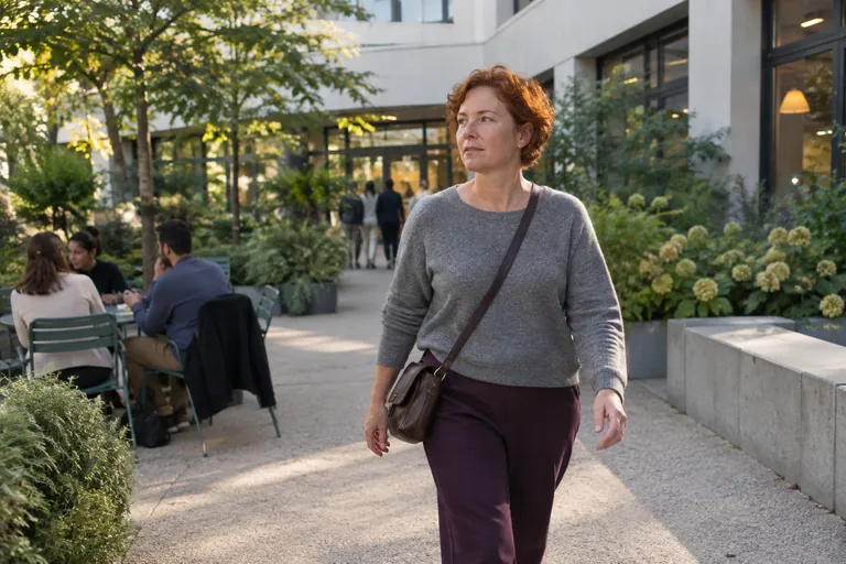 Une femme marche dans une cour devant un bâtiment.