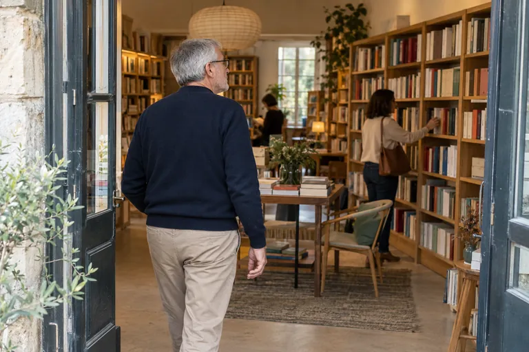 Un homme entre dans un lieu rempli de livres.