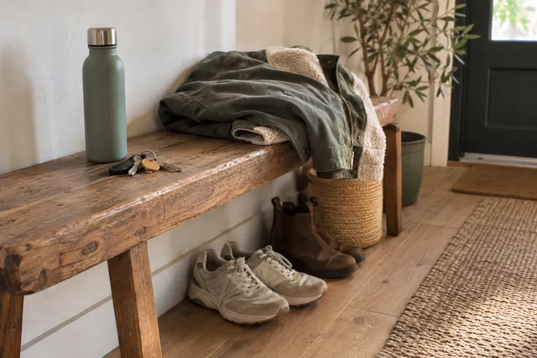 Une gourde, des clés et une veste sont posées sur un banc au-dessus de chaussures.