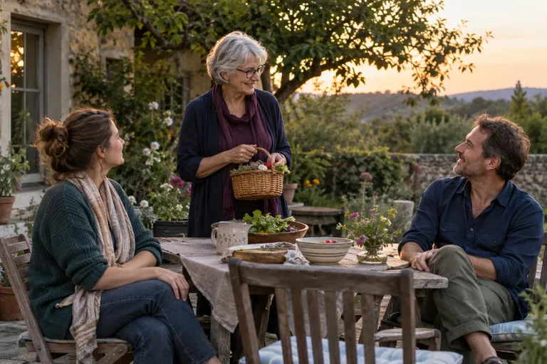 Trois adultes échangent autour d’une table de jardin, l’une tenant un panier.