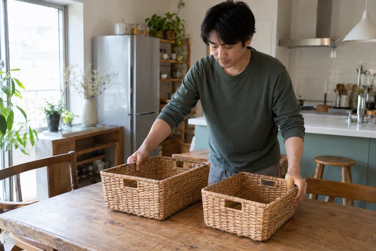 Un homme pose deux paniers vides sur une table.
