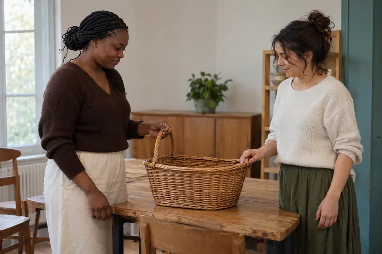 Deux femmes tiennent un panier posé sur une table.