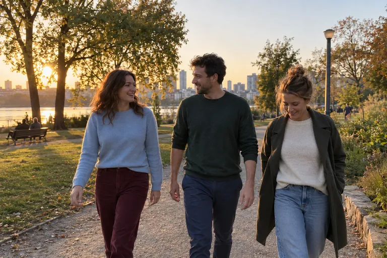 Trois adultes marchent ensemble sur une allée au bord de l’eau.