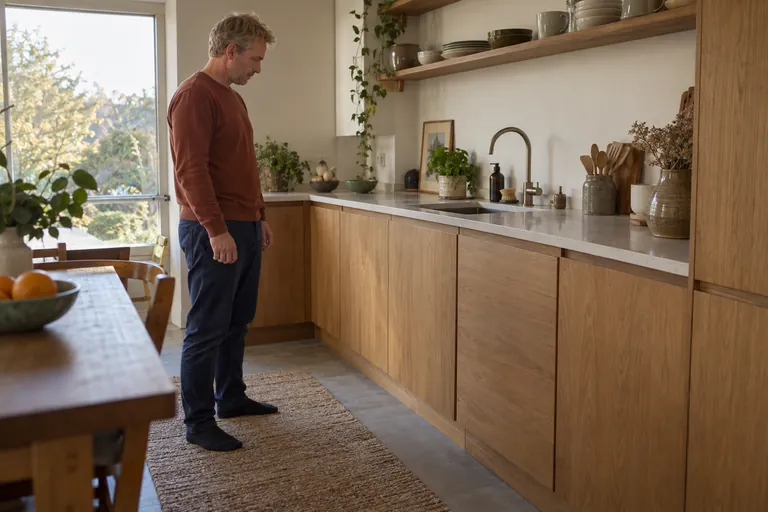 Un homme regarde les meubles fermés d’une cuisine.