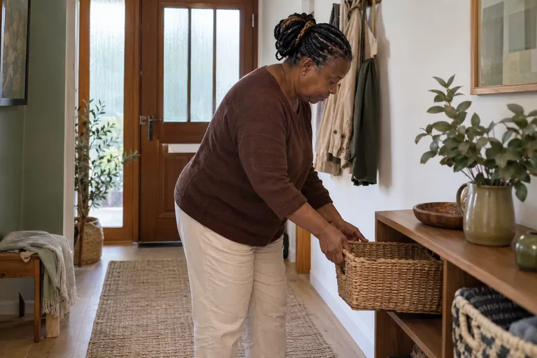 Une femme range un panier dans un meuble d’entrée.