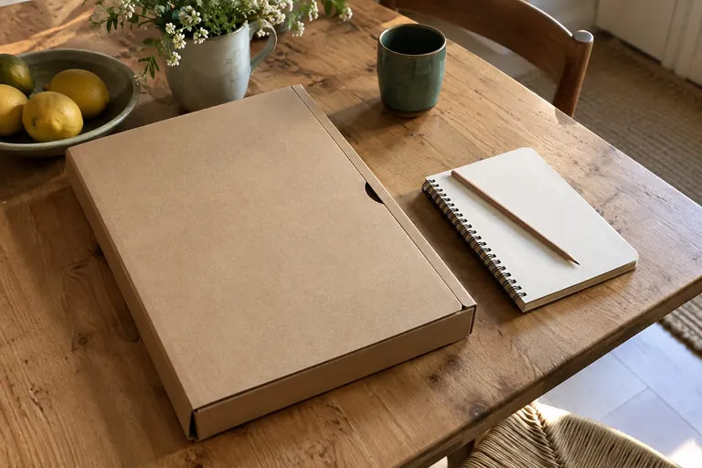 Une boîte de documents fermée, un carnet et un crayon reposent sur une table.