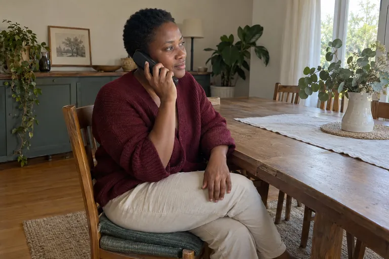 Une femme téléphone, assise dans une salle à manger.