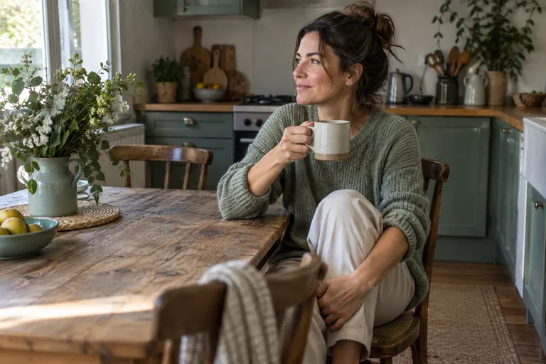 Une femme tient une tasse à la table d’une cuisine