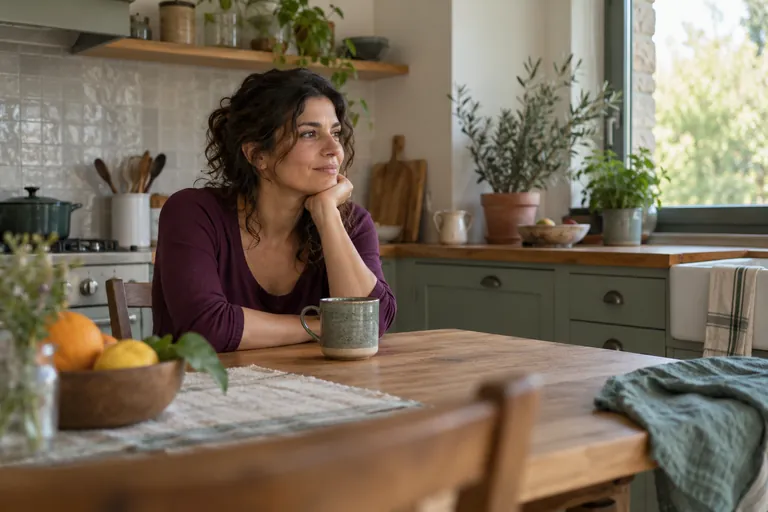 Une femme en haut prune regarde vers la fenêtre depuis la table de cuisine