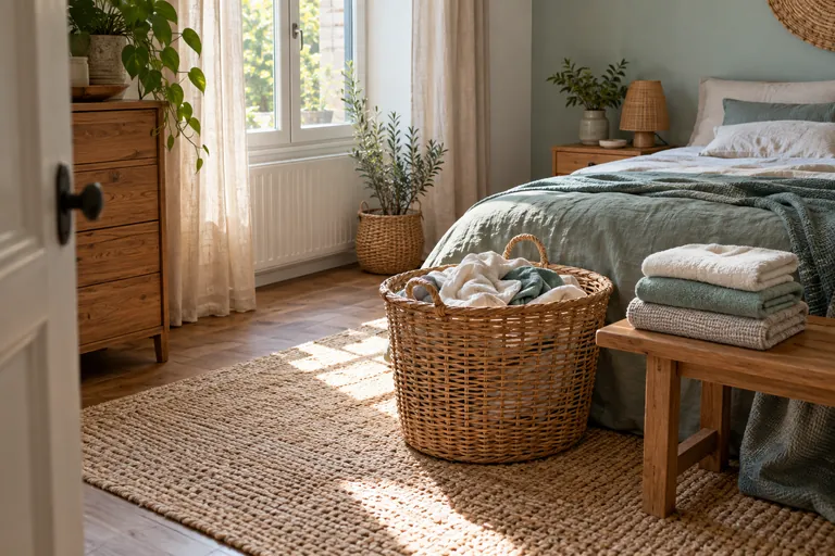 Un panier de linge et des serviettes pliées dans une chambre