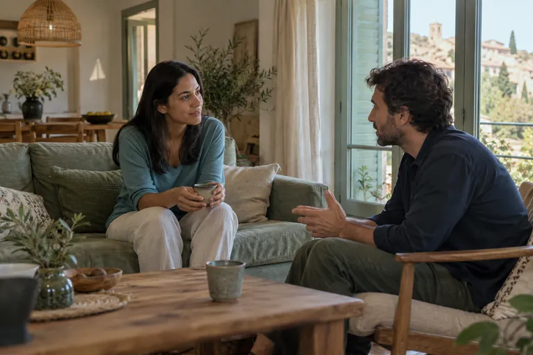 Une femme et un homme discutent dans un salon
