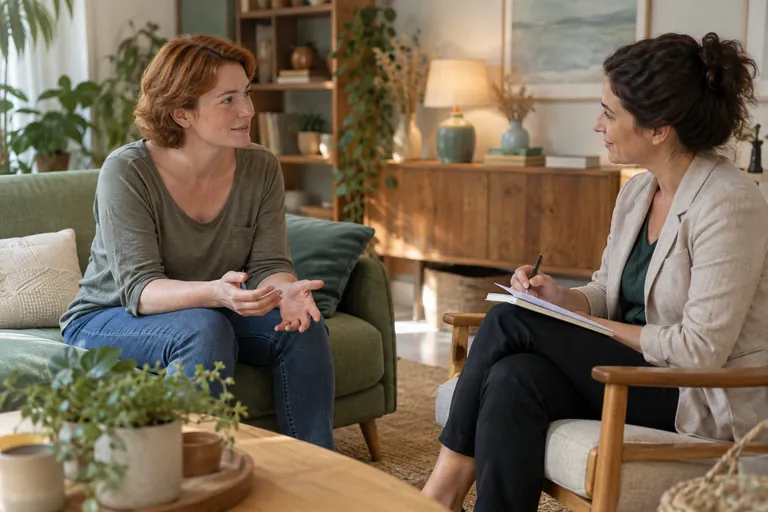 Une femme rousse parle avec une femme prenant des notes