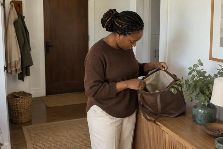 Une femme regarde à l’intérieur d’un sac posé sur une console.