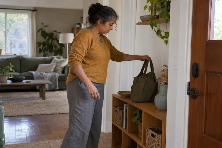 Une femme pose un sac sur un meuble près de la porte.