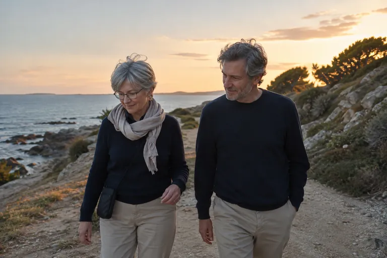 Deux adultes marchent sur un sentier côtier au coucher du soleil.