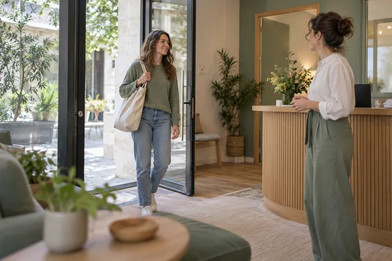 Une femme avec un sac est accueillie à l’entrée d’un bureau