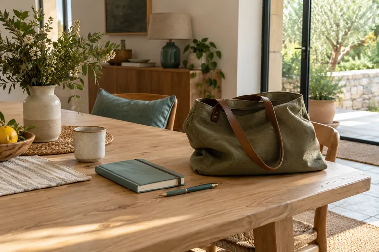 Un carnet fermé, un stylo et un sac reposent sur une table en bois
