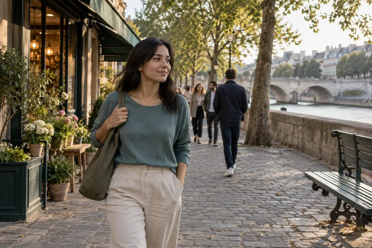Une femme avec un sac à l’épaule marche sur un quai arboré