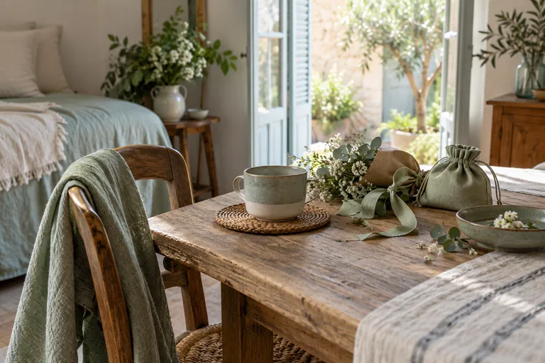 Un bouquet, une pochette et une tasse reposent sur une table