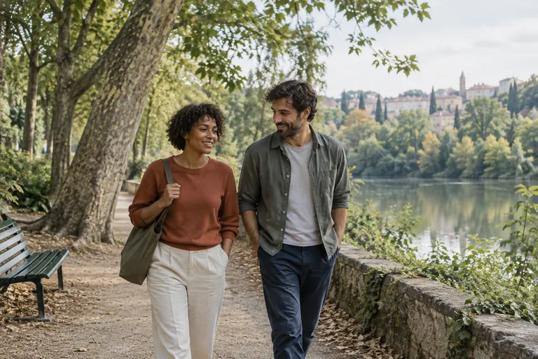 Une femme et un homme marchent le long d’une rivière